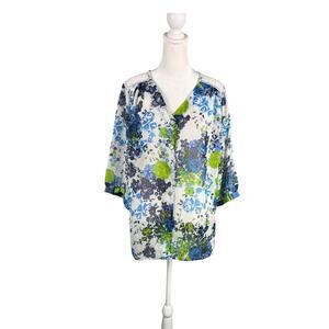 Fig & Flower XL Sheer Button Up Blouse Lace Shoulders Blue Green Floral